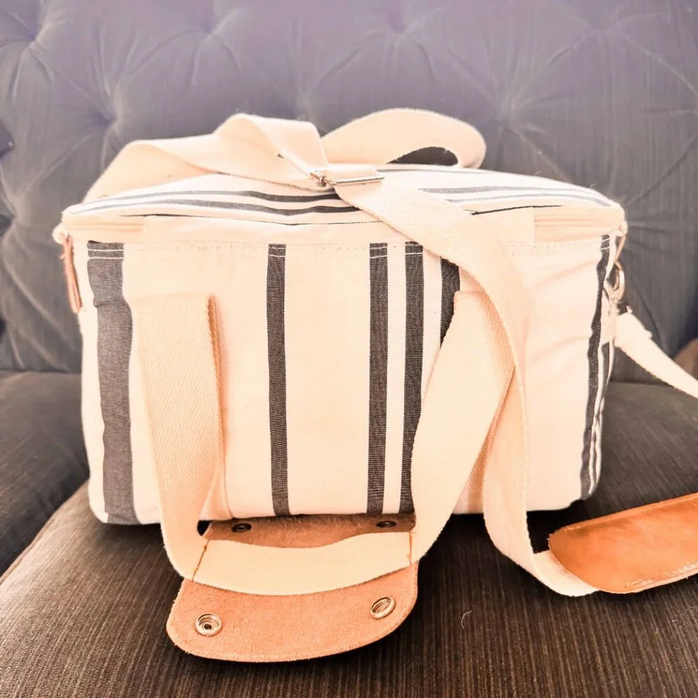 Business & Pleasure Co. Premium Cooler Bag Navy/Black Stripe with yellow floral - Picture 4 of 7